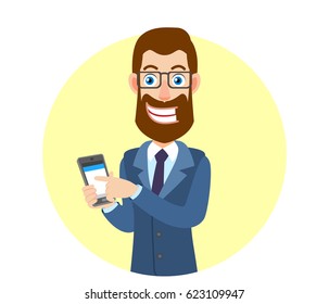 Businessman using mobile phone. Portrait of Cartoon Hipster Businessman. Vector illustration in a flat style.