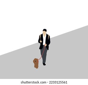 Businessman using mobile phone and walking with his dog on leash in the morning. City urban lifestyle.