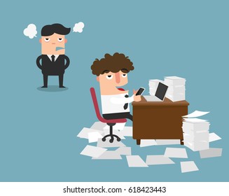 Businessman using mobile phone at work behind his desk while angry director is standing,illustration