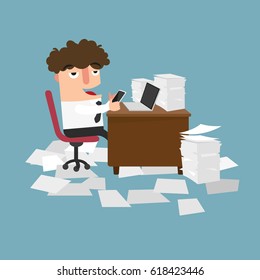 Businessman using mobile phone at work.concept of procrastination.vector illustration. 