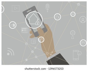 Businessman using mobile smart phone. Application icons interface on screen. smart home concept, social media concept