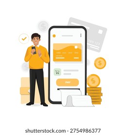 Businessman using a mobile smartphone for a secure digital wallet payment with credit cards and coins in the background.
Flat vector illustration of a man completing an online transaction using an e-wallet app on a large smartphone screen.