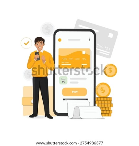 Businessman using a mobile smartphone for a secure digital wallet payment with credit cards and coins in the background.
Flat vector illustration of a man completing an online transaction using an e-wallet app on a large smartphone screen.