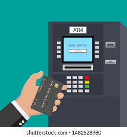 Businessman using modern ATM machine. Money deposit and withdrawal. Hands holding credit card. Vector illustration.