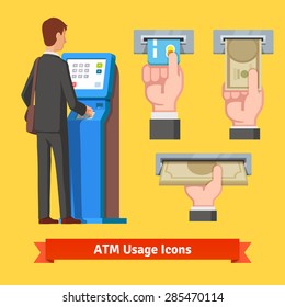 Businessman Using Modern ATM Machine. Money Deposit And Withdrawal. Hands Holding Cash And Credit Card Vector Icons Set.