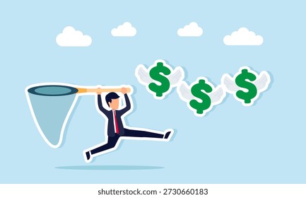 Hombre de negocios que utiliza el polo neto para coger el dólar volador muestra el símbolo del esfuerzo para sacar provecho en el negocio