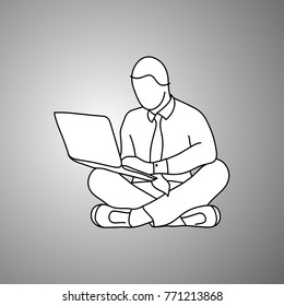 businessman using notebook laptop computer working on the floor vector illustration doodle sketch hand drawn with black lines isolated on gray background. Business concept. 