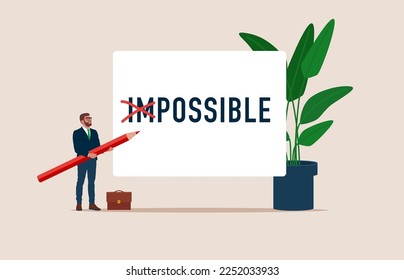 Businessman using pencil to cross out im from impossible. Сhallenge or hope to overcome difficulty and achieve success concept. Flat vector illustration.