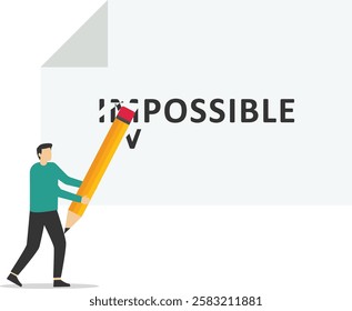 Businessman using pencil to cross out im from impossible. Сhallenge or hope to overcome difficulty and achieve success concept. Flat vector illustration.

