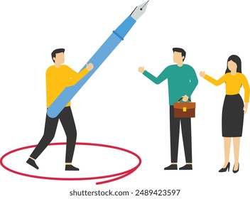 Businessman using pencil to draw personal space circle to protect from coworkers. Work boundary to limit access. Flat vector illustration.

