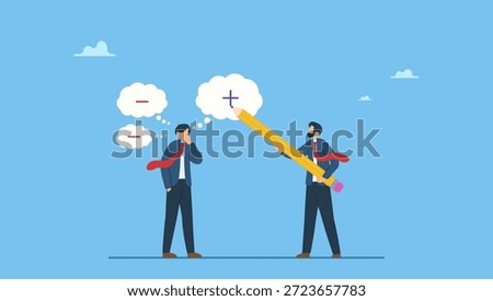 Businessman using pencil to draw positive sign on employee negative thought. Think positive mindset, optimistic attitude to success in work, mentor to motivate employee for positivity.