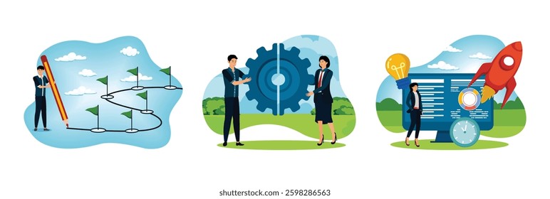 Businessman using pencil to draw workflow line with achievement flag milestones. Business people team colleagues connecting cogwheel gear together. Project initiation and closure, business analysis. 