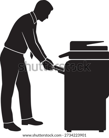 Businessman using a photocopy machine vector icon. Office worker printing documents silhouette. Man operating copier symbol isolated on white background.