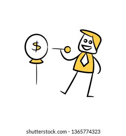 businessman using pin to puncture money balloon, yellow character doodle design