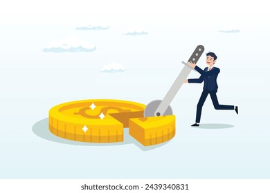 Businessman using pizza cutter to split golden dollar money coin, money management, financial planning or wealth management or investment portfolio, paying for tax, loan or debt, inflation (Vector)