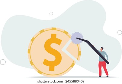 businessman using pizza cutter to split golden dollar money coin.flat vector illustration.