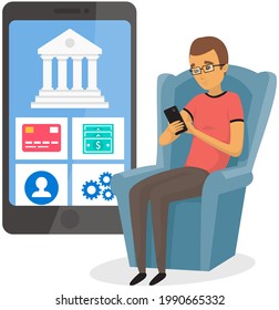 Businessman is using program for banking. Man transferring funds online . Male character is making transactions with money. Person looking at phone screen with application for contactless payments