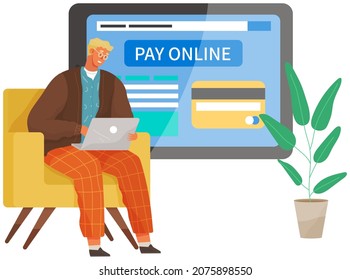 Businessman is using program for banking. Man transferring funds online. Making transactions with money, online payment business transfers. Contactless payments with application for laptop. Pay online