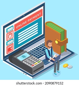 Businessman is using program for banking. Man transferring funds online. Making transactions with money, online payment business transfers. Contactless payments with application for laptop. Pay online