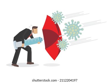 Businessman using red umbrella to protect his business from immune coronavirus pneumonia infection. Vector illustration