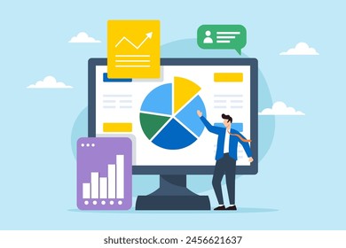 Geschäftsmann verwendet Ressourcenplanungssoftware, um Tortendiagramme zu analysieren, um die Verwaltung von Projekten und Ressourcen mithilfe von ERP- oder Marketing-Tools zu veranschaulichen. Konzept der Prozessoptimierung mithilfe von CRM-Systemen