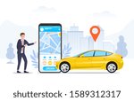 Businessman using a ride hailing app to order a car on his mobile phone showing the screen with his urban location and map marker, in a conceptual vector illustration