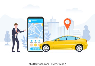 Businessman using a ride hailing app to order a car on his mobile phone showing the screen with his urban location and map marker, in a conceptual vector illustration