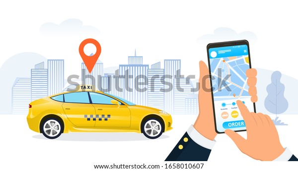 Businessman\
using a ride hailing app to order a taxi cab in a city street with\
a close up on his hands and mobile phone as a yellow cab pulls up\
under a location marker, vector\
illustration