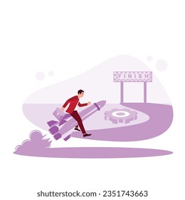 Businessman using rocket towards the finish line. Running a fast job career promotion competition to number one. Trend Modern vector flat illustration