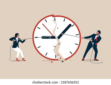 Businessman Using Rope To Pull Minute And Hour Hand To Break The Clock Metaphor Of Effort To Manage Time For Multiple Projects. Work Deadline Or Time Management.