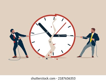 Businessman Using Rope To Pull Minute And Hour Hand To Break The Clock Metaphor Of Effort To Manage Time For Multiple Projects. Work Deadline Or Time Management.