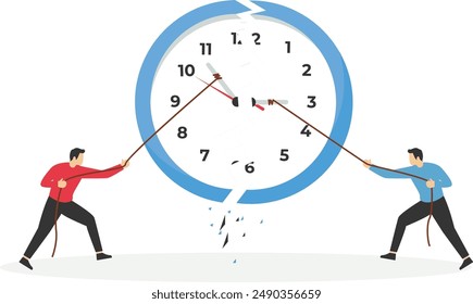 Businessman using rope to pull minute and hour hand to break the clock metaphor of effort to manage time for multiple projects. Work deadline or time management.

