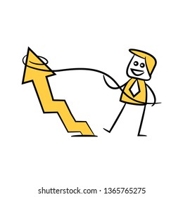 businessman using rope pulling arrow chart for growth profit concept, yellow character doodle design