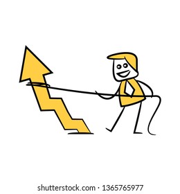 businessman using rope pulling arrow chart for growth profit concept, yellow character doodle design