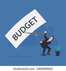 Businessman using scissor to cut BUDGET paper. Budget reduction concept vector illustration