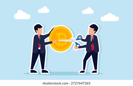 Businessman using scissors to cut bitcoin held by another businessman illustration of releasing bitcoin asset ownership due to damaged price