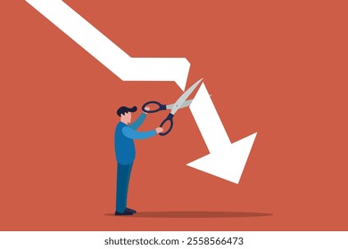 Businessman using scissors to cut off the falling downward arrow. concept of Stop losing assets from stock market volatility