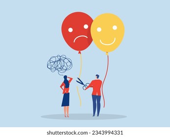 Businessman using scissors to cut rope on anchoring balloon between Positive thoughts shift from feeling sad Optimism and the power of mind to change mood, behavior, decision-making powers.vector