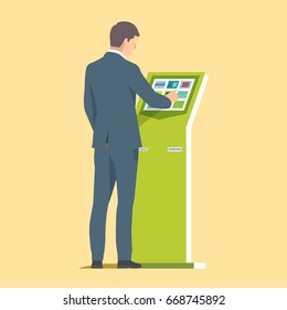 Businessman using self-service kiosk. Vector illustration