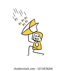 businessman using shield protect falling binary number yellow stick figure