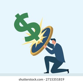 Hombre de negocios que usa un escudo para resistir un poderoso ataque de símbolos monetarios, que representa la gestión de crisis, la resiliencia económica y la protección de las inversiones.