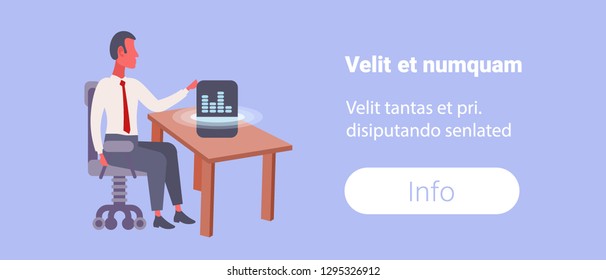 businessman using smart ai bluetooth wireless speaker voice assistant recognition business man listening music sitting office workplace horizontal flat copy space