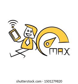 businessman using smart phone and speedometer yellow stick figure design
