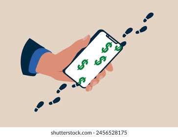 Empresario que utiliza el teléfono inteligente analiza huellas de pista con signo de dólar. Ilustración vectorial moderna en estilo plano