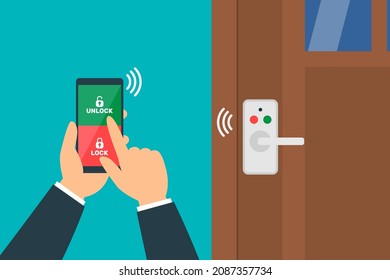 businessman using smartphone app locking smart lock door vector illustration