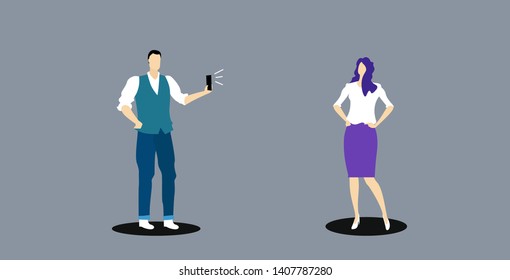 businessman using smartphone camera man taking photo of young attractive business woman model fashion shoot concept sketch doodle horizontal full length