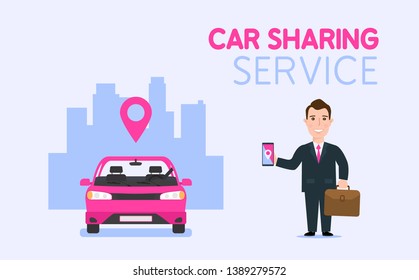 businessman using smartphone car sharing service banner design