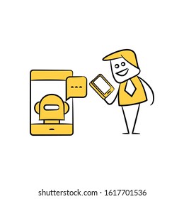 businessman using smartphone chatting with chat bot yellow stick figure theme