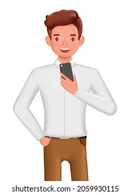 Businessman using smartphone to check message, new and email character design. 3d vector illustration.