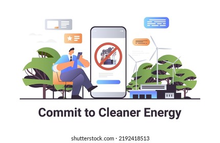 businessman using smartphone commit to cleaner energy carbon credit responsibility of co2 emission environment strategy